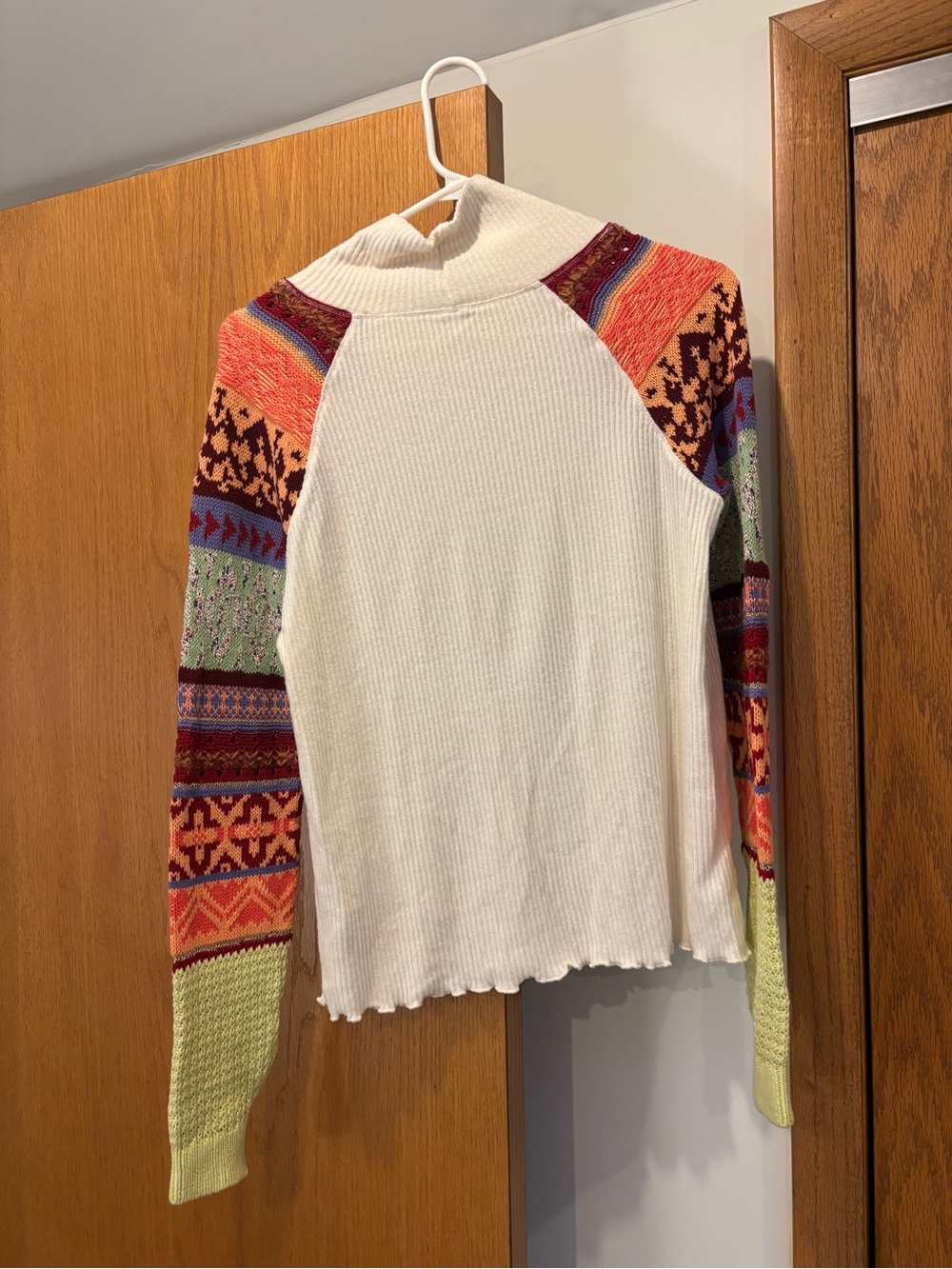 Free People - Cream Turtleneck Sweater with Colorful Patterned Raglan Sleeves